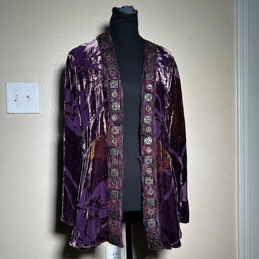 Chicos Burnout Velvet Y2K Kimono Jacket Cardigan Purple Silk Rayon Small